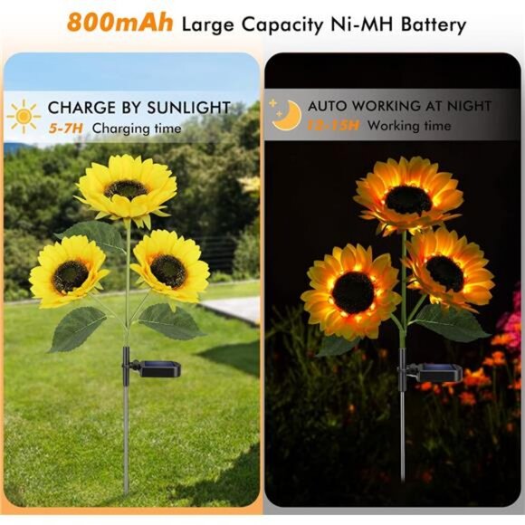 Solar Garden Light w Real Looking Flowers Outdoor Waterproof Solar Stake Lights - Picture 2 of 7